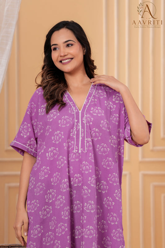 Aavriti Mauve Purple Lotus Motif Hand Block Printed Cotton Kaftan