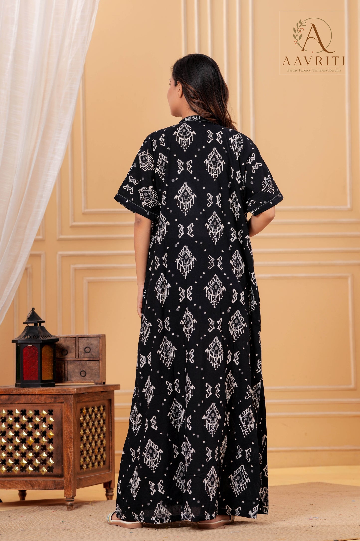 Aavriti Charcoal Black Ikat Geometric Hand Block Printed Cotton Kaftan