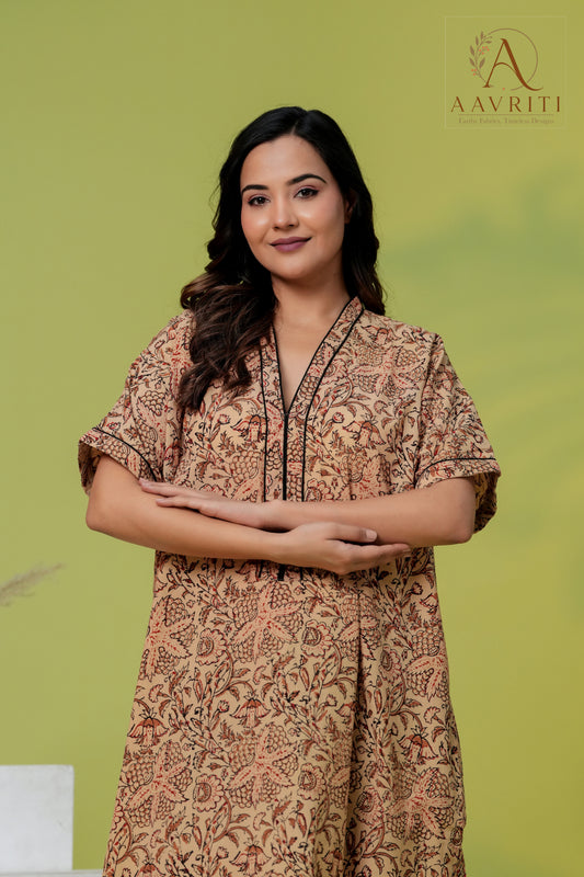 Aavriti Vintage Tan Kalamkari Floral Jaal Hand Block Printed Cotton Kaftan