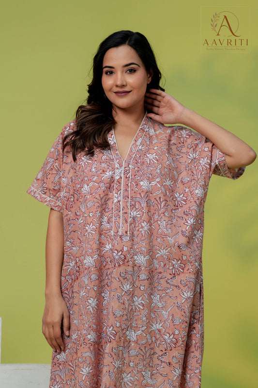 Aavriti Blossom Pink Floral Jaal Hand Block Printed Cotton Kaftan