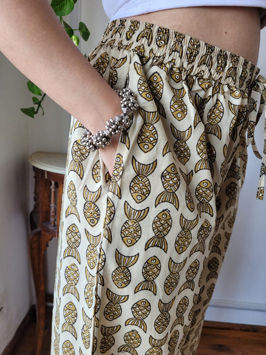 Aavriti Mustard Olive Fish Motif Bagru Hand Block Printed Cotton Palazzo Pant