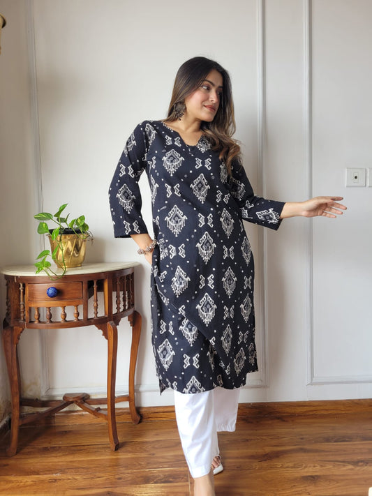 Indigo Floral Buti Kurta with Matching Straight Pants
