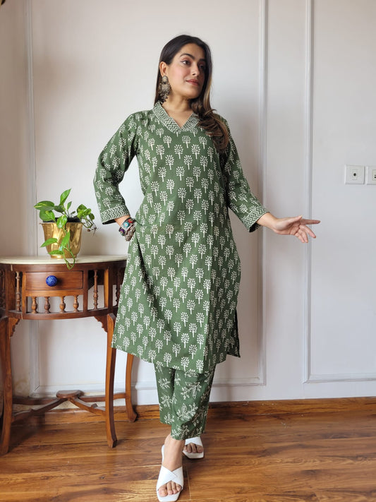 Turquoise Blue Handblock Kurta with Geometric Pants