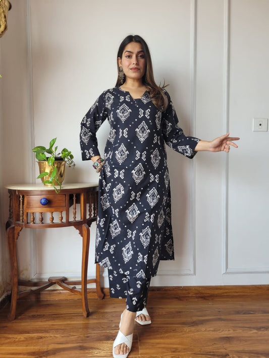 Charcoal Grey Abstract Print Kurta Pant Set