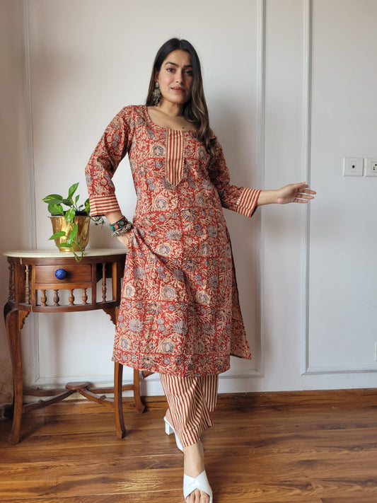 Aavriti Heritage Terracotta Ajrakh Hand Block Printed Cambric Cotton Kurta Pant Set