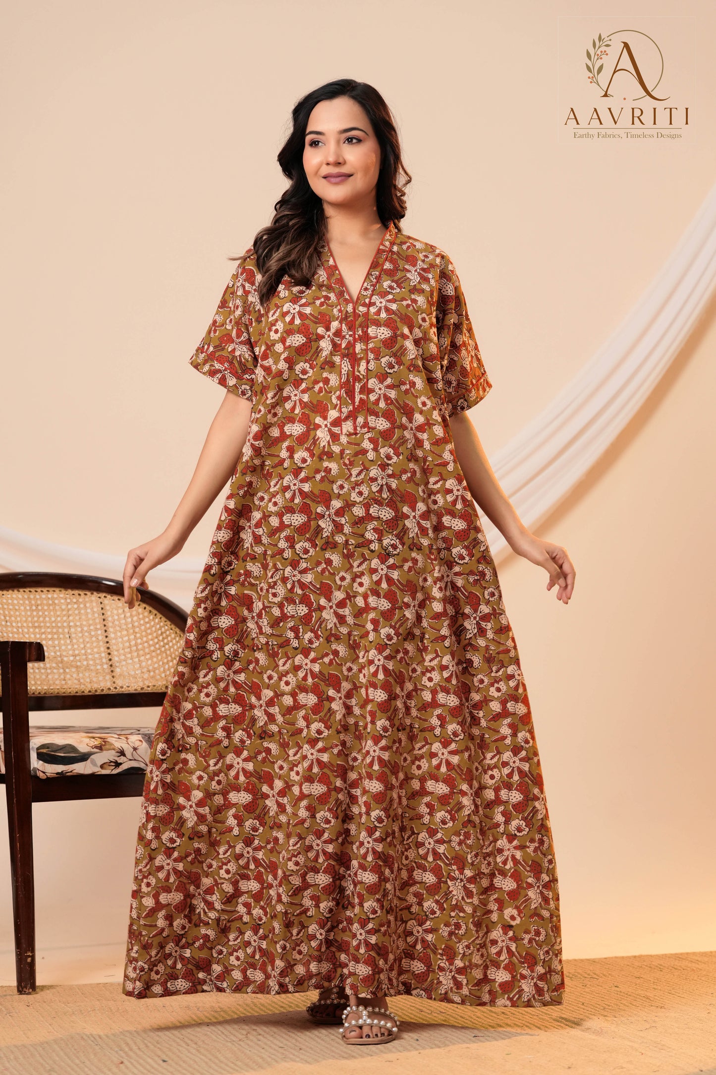 Aavriti Olive Green Floral Hand Block Printed Cotton Loungewear Kaftan