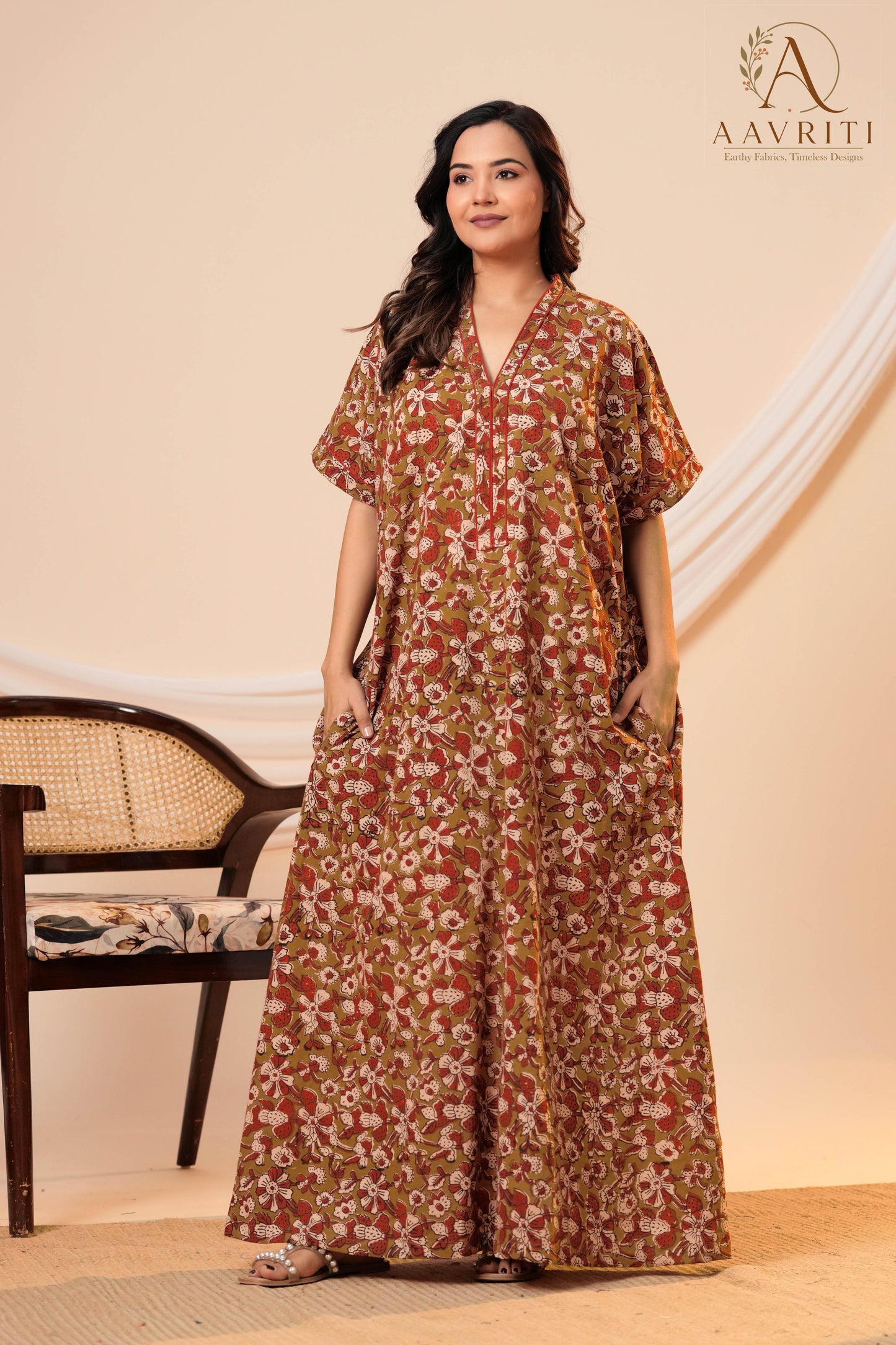 Aavriti Olive Green Floral Hand Block Printed Cotton Loungewear Kaftan