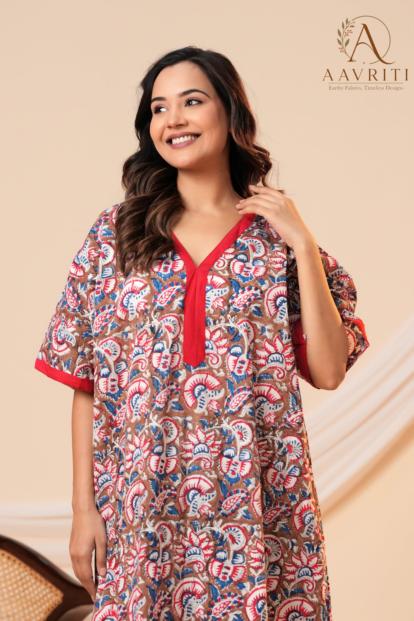 Aavriti Earthy Brown Floral Hand Block Printed Cotton Kaftan