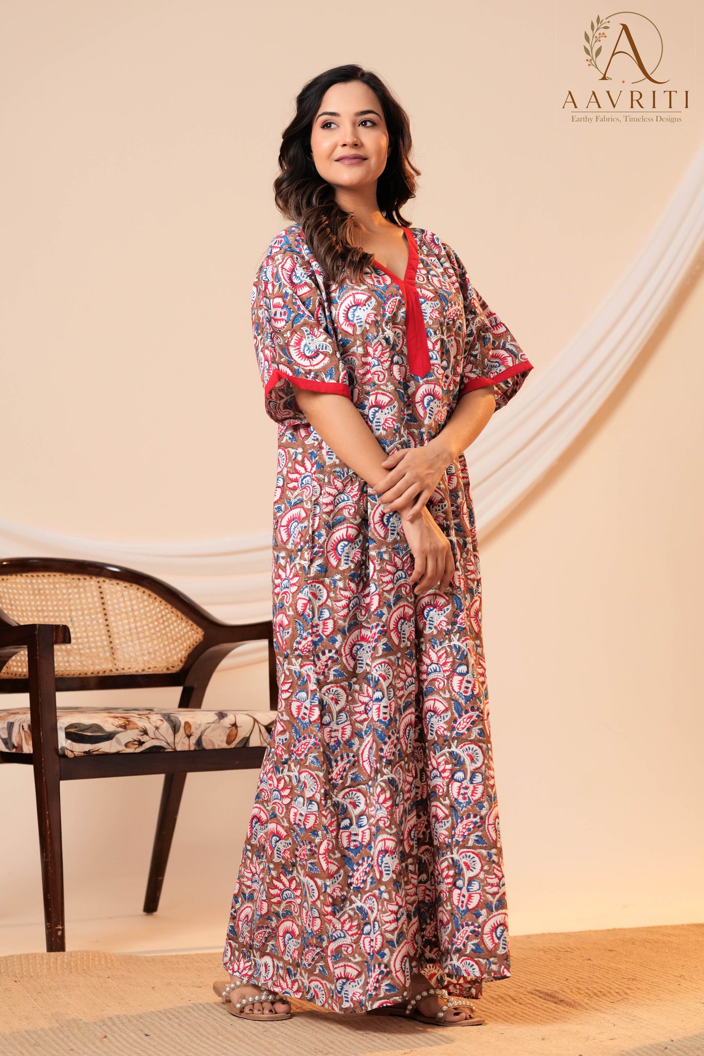 Aavriti Earthy Brown Floral Hand Block Printed Cotton Kaftan