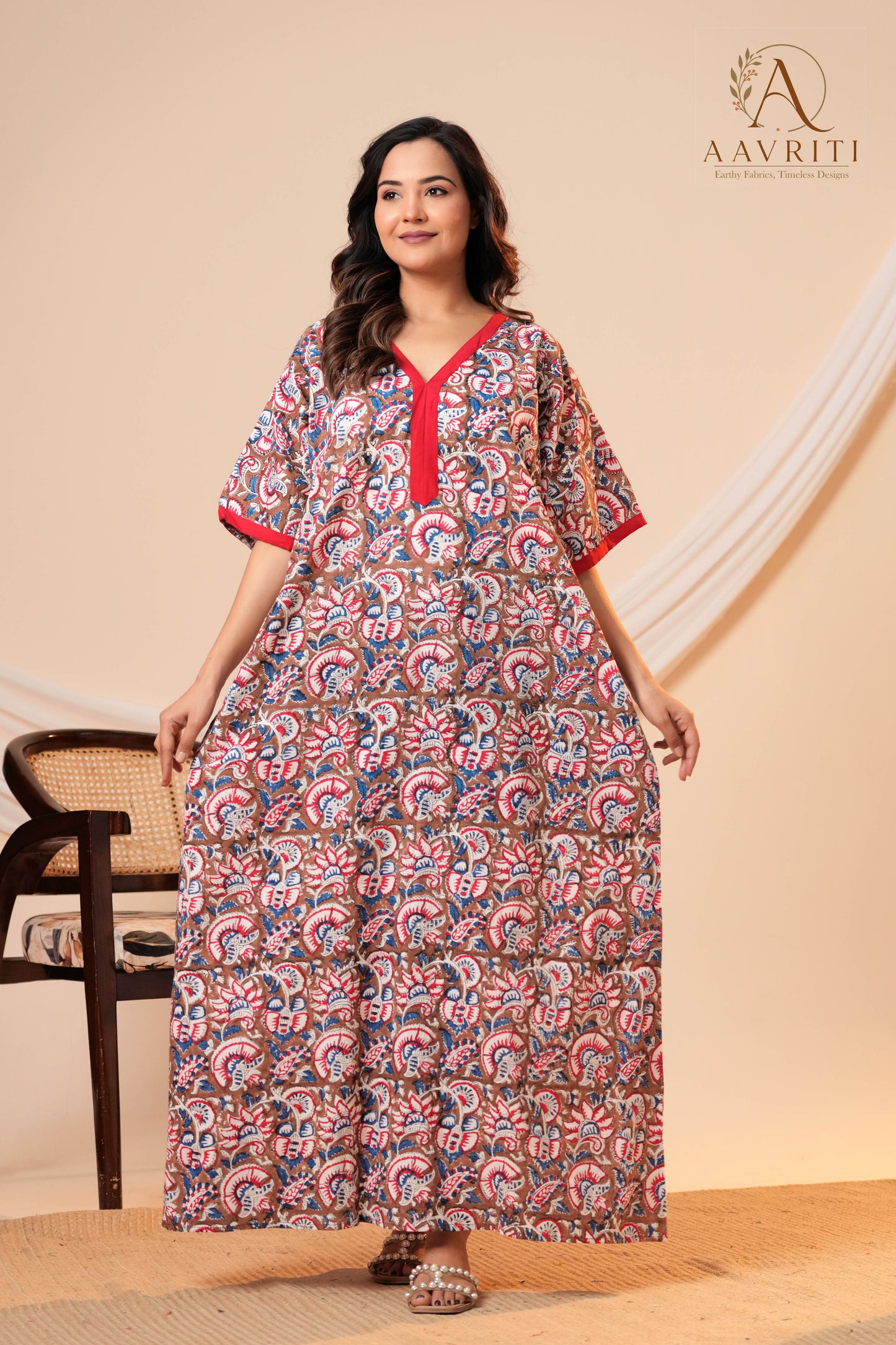 Aavriti Earthy Brown Floral Hand Block Printed Cotton Kaftan