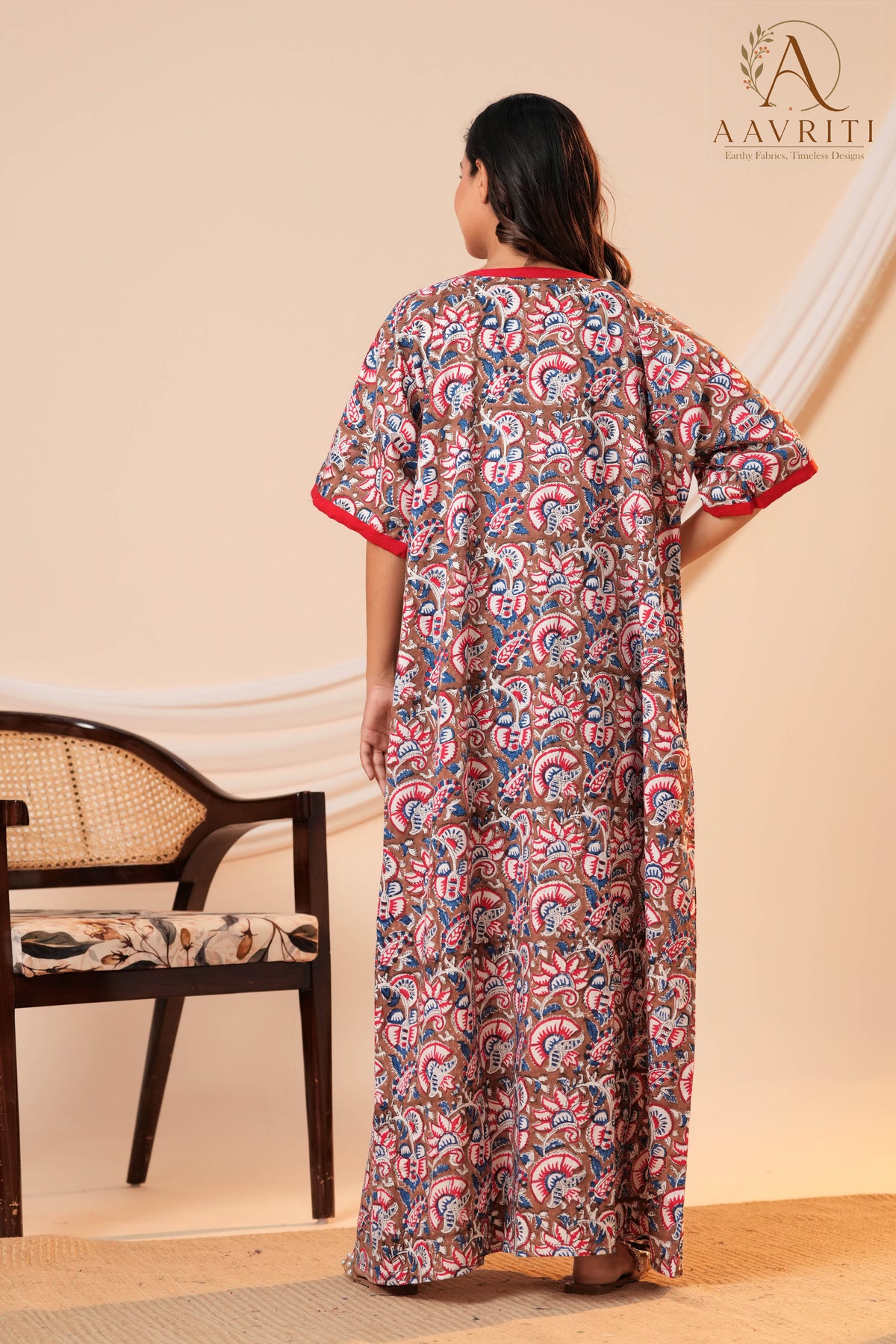 Aavriti Earthy Brown Floral Hand Block Printed Cotton Kaftan
