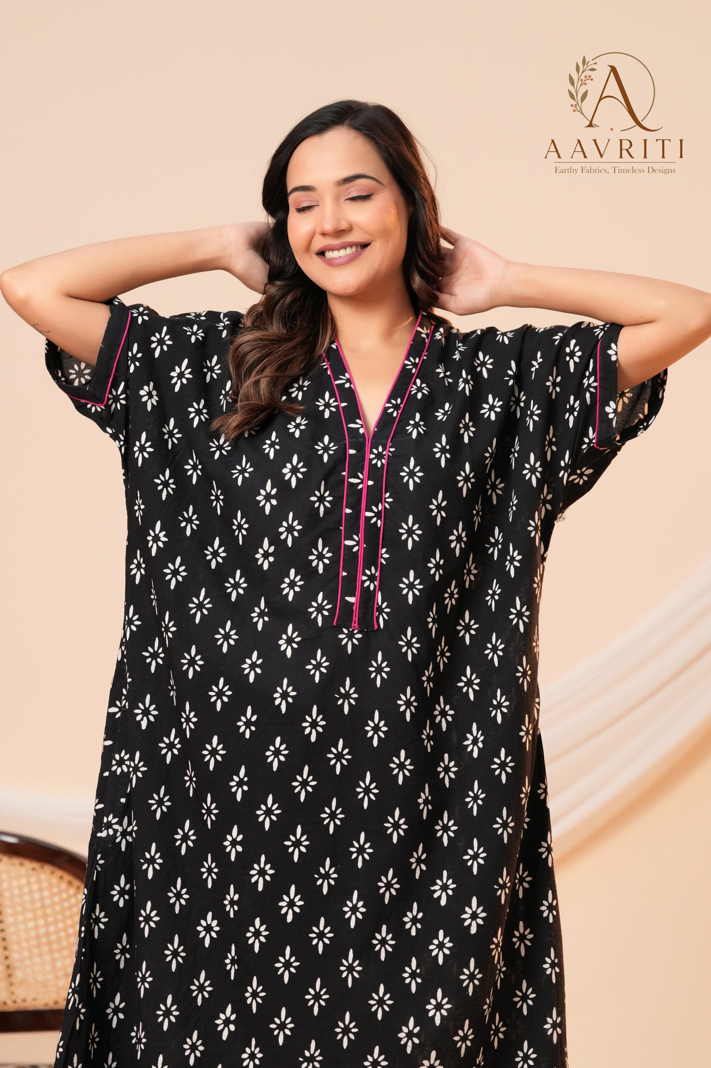 Aavriti Black Floral Motif Hand Block Printed Cotton V-Neck Kaftan