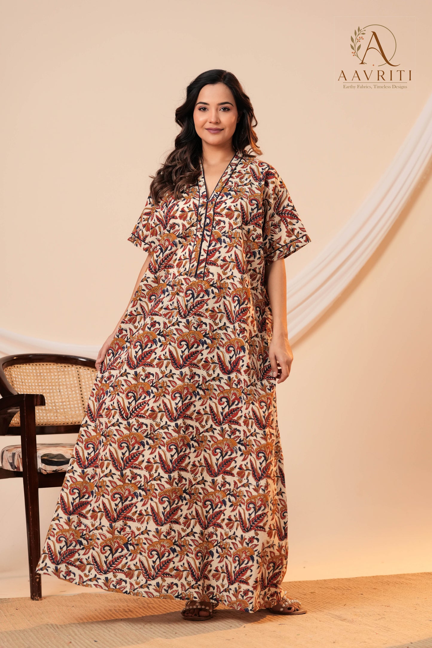 Aavriti Beige Floral Jaal Hand Block Printed Cotton Kaftan