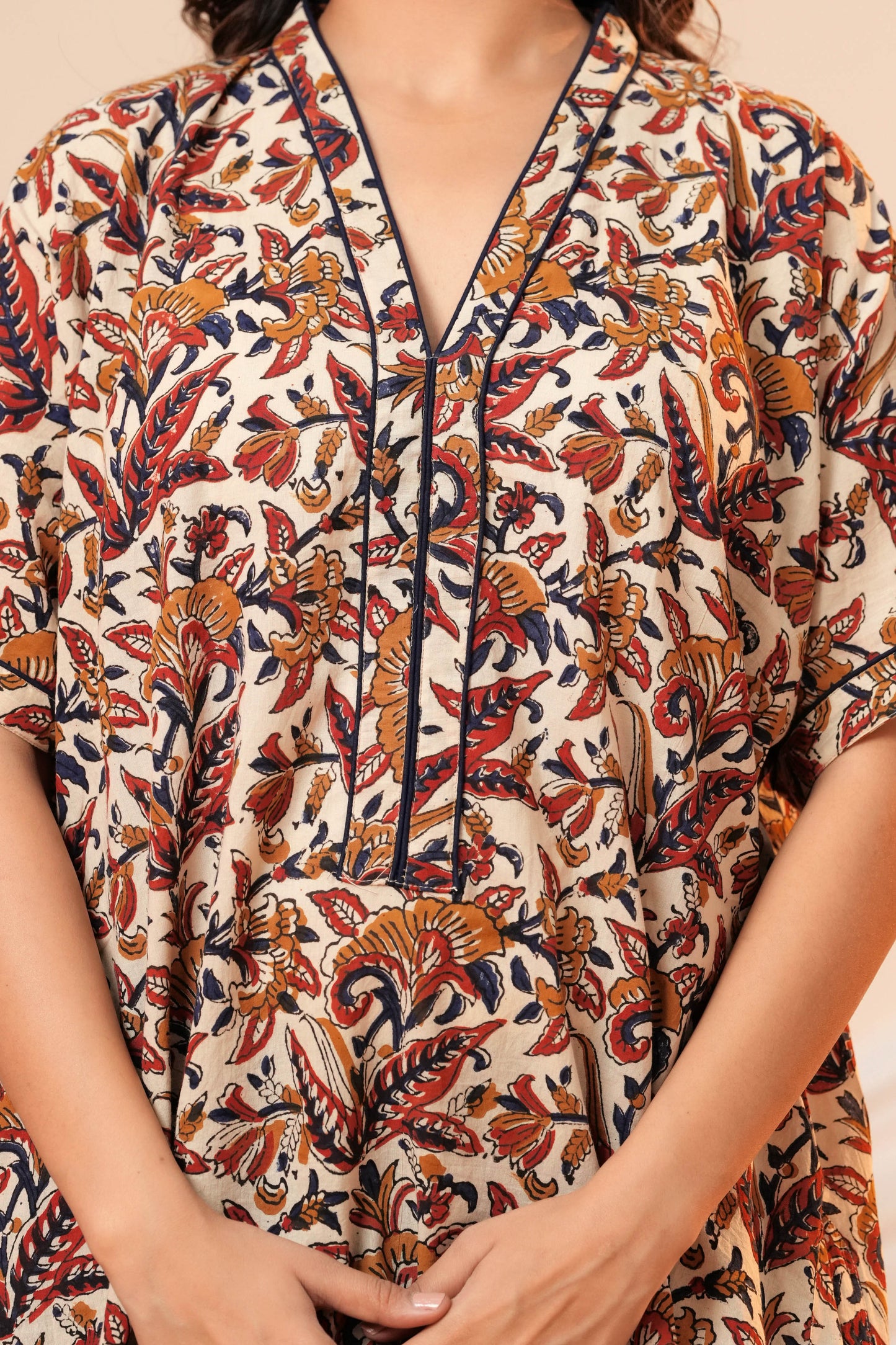 Aavriti Beige Floral Jaal Hand Block Printed Cotton Kaftan