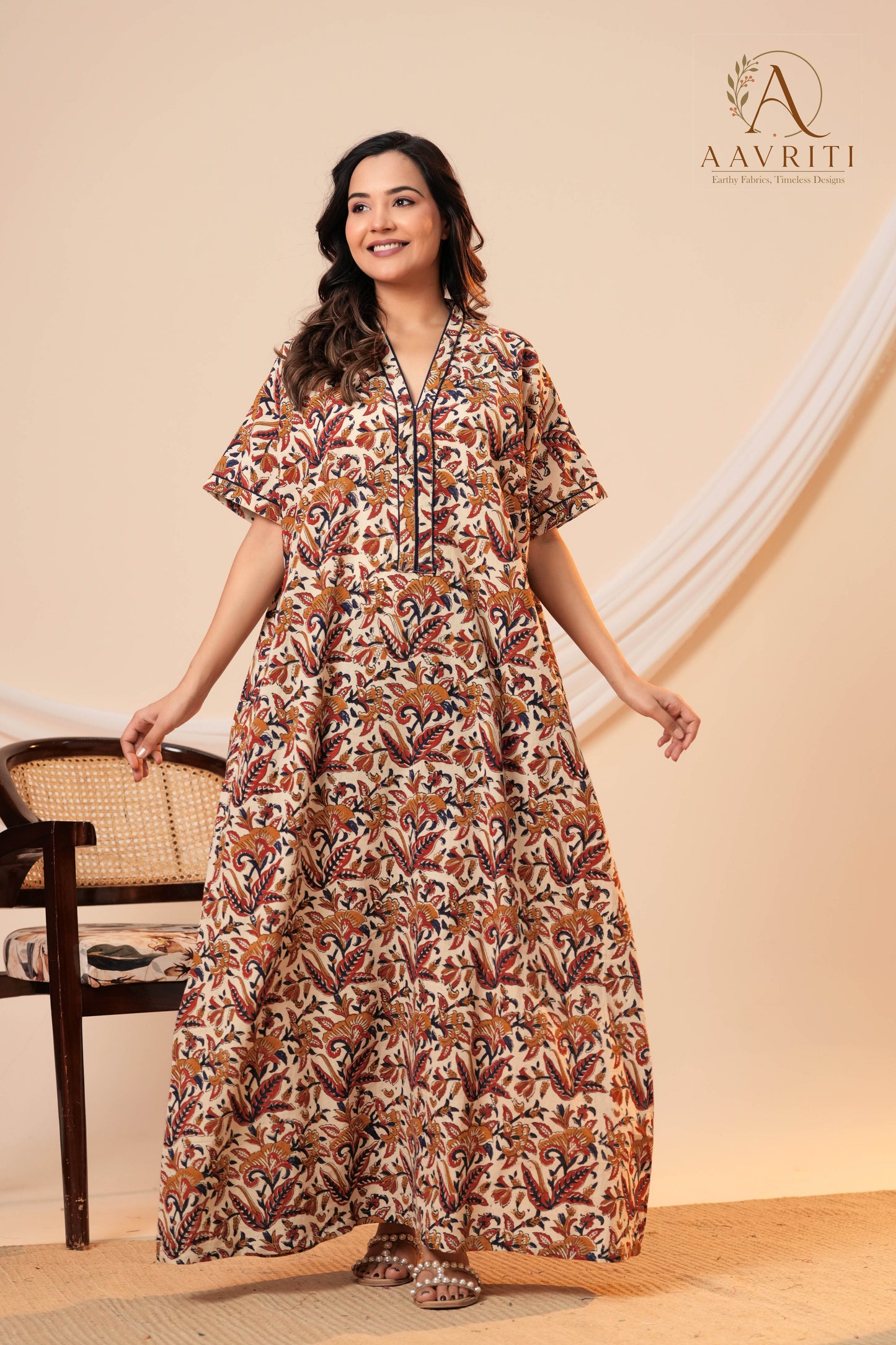 Aavriti Beige Floral Jaal Hand Block Printed Cotton Kaftan