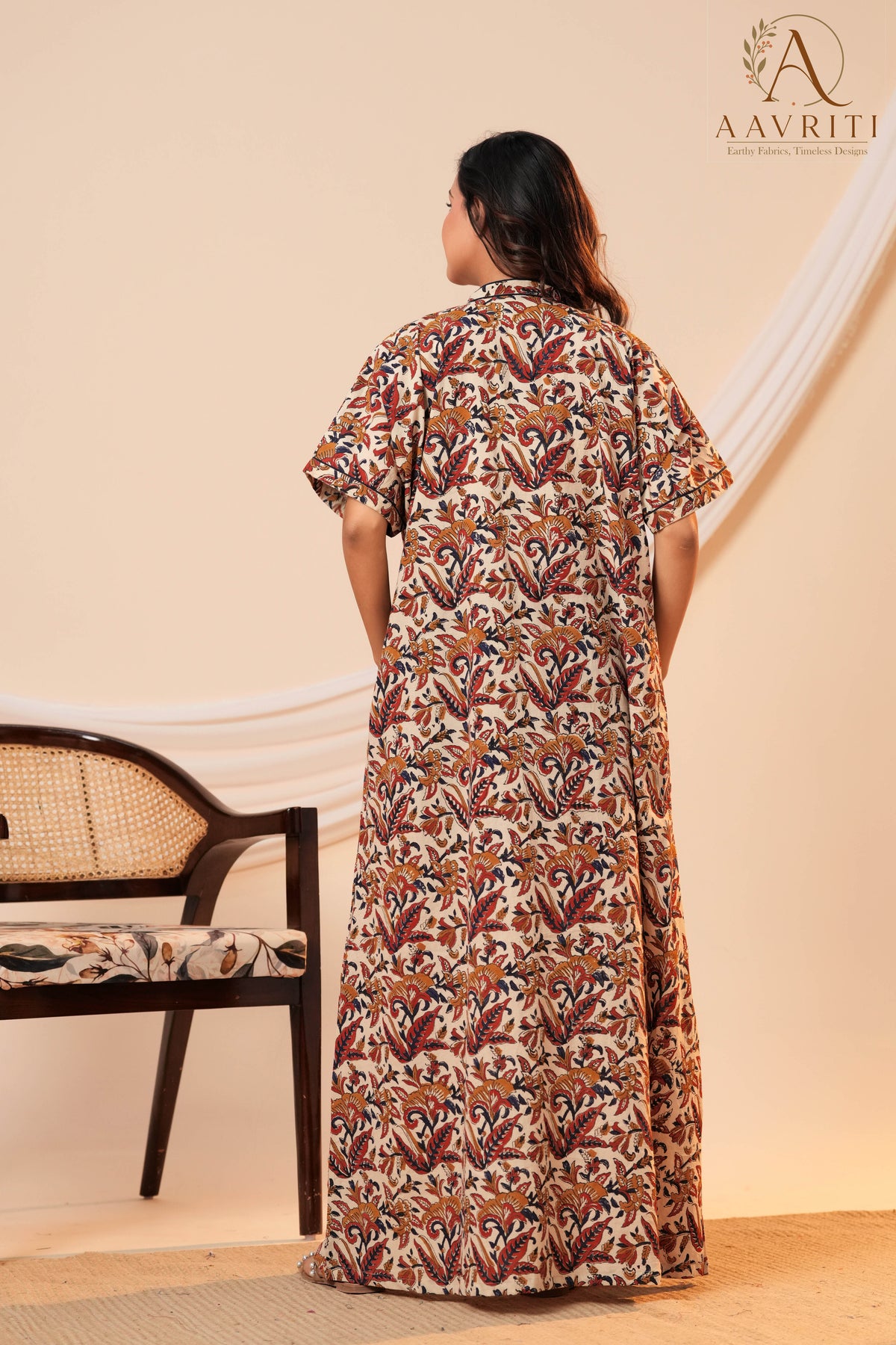Aavriti Beige Floral Jaal Hand Block Printed Cotton Kaftan