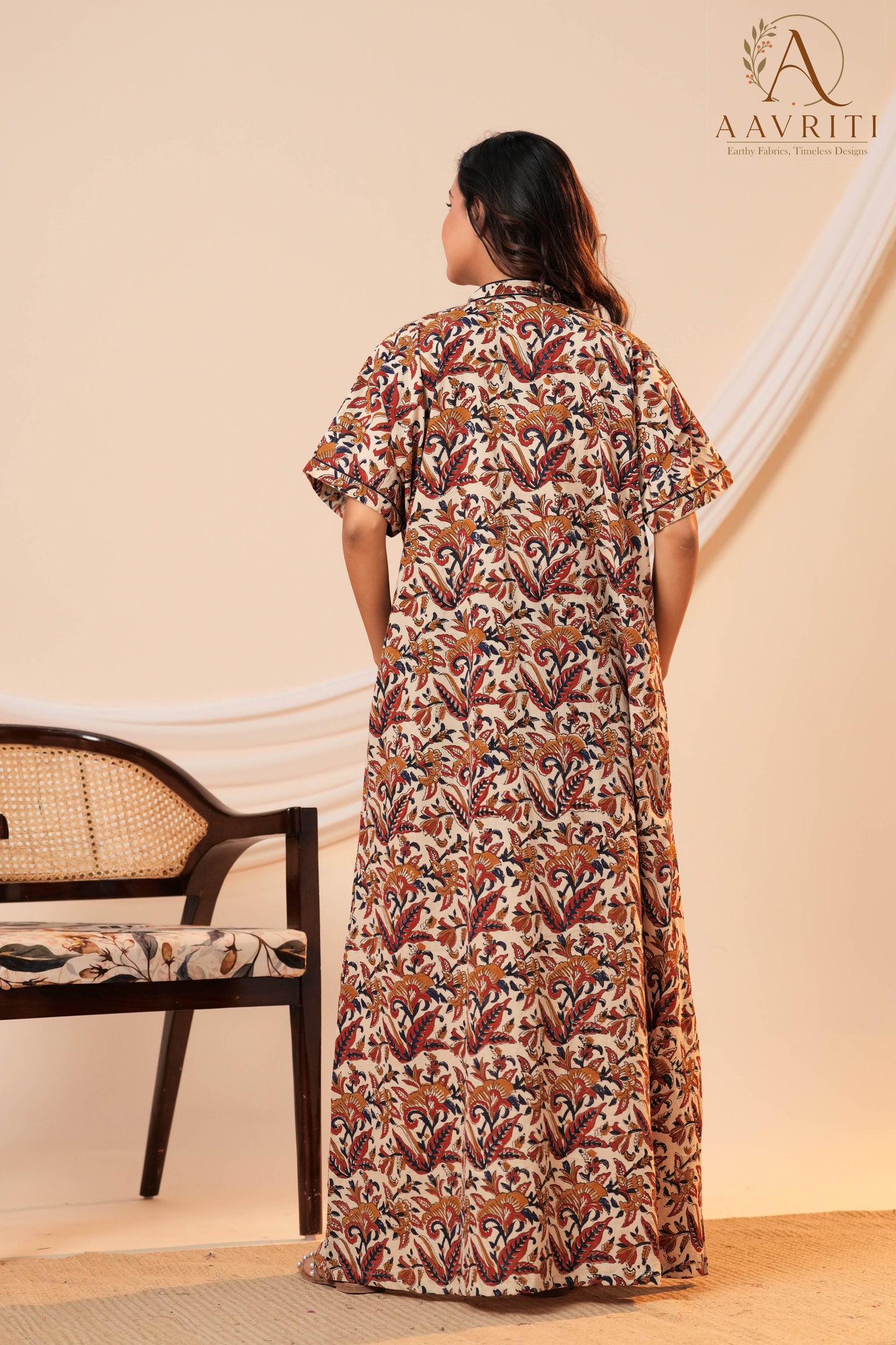 Aavriti Beige Floral Jaal Hand Block Printed Cotton Kaftan
