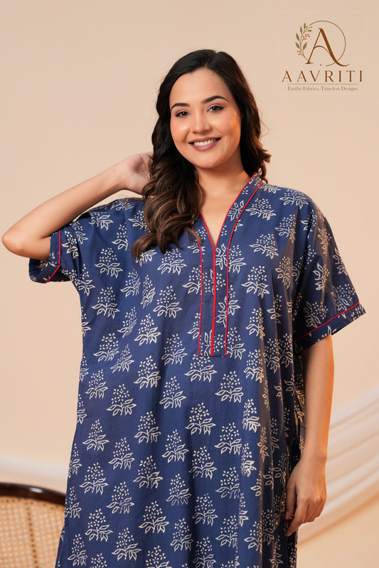 Aavriti Indigo Blue Floral Hand Block Printed Cotton Kaftan