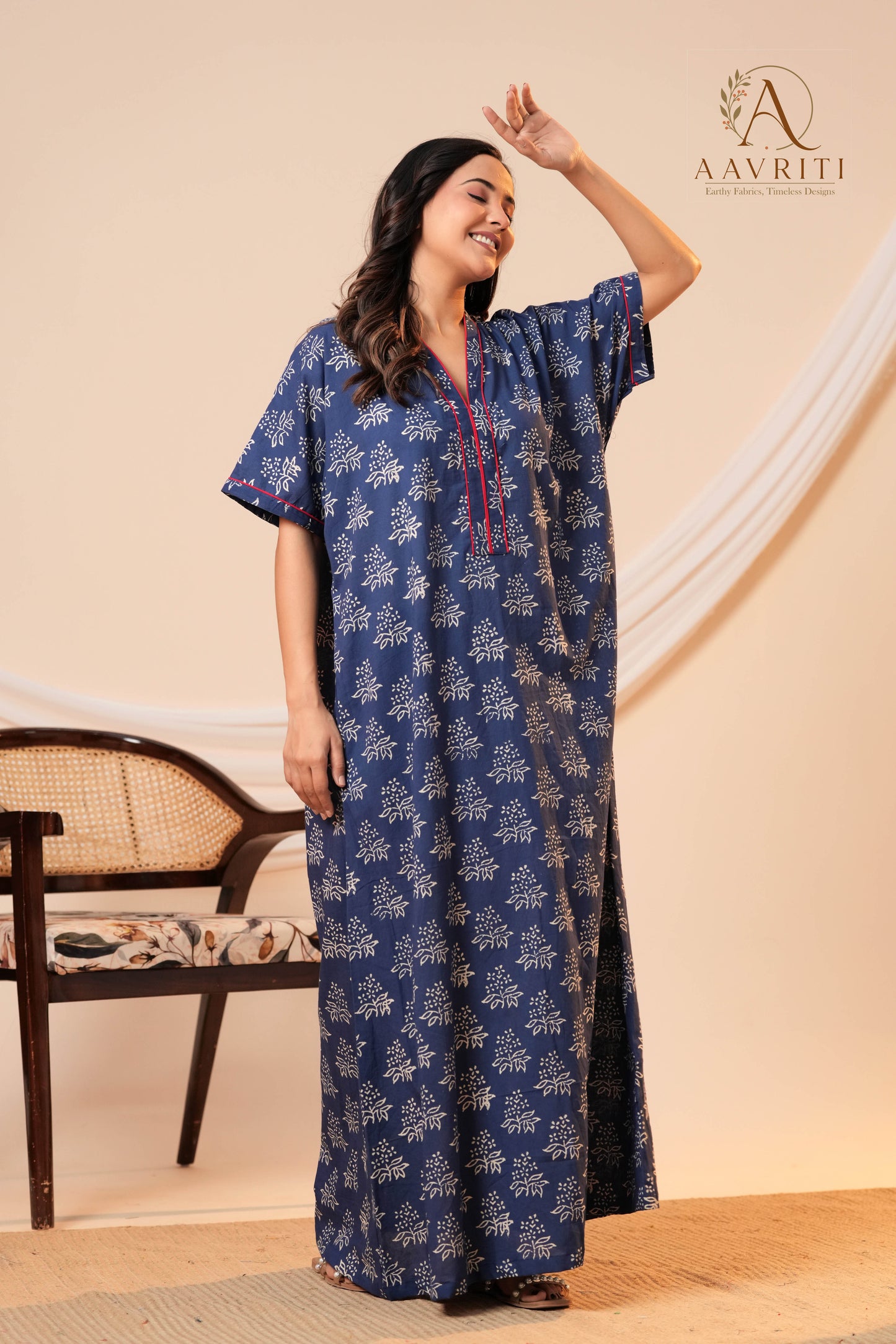 Aavriti Indigo Blue Floral Hand Block Printed Cotton Kaftan