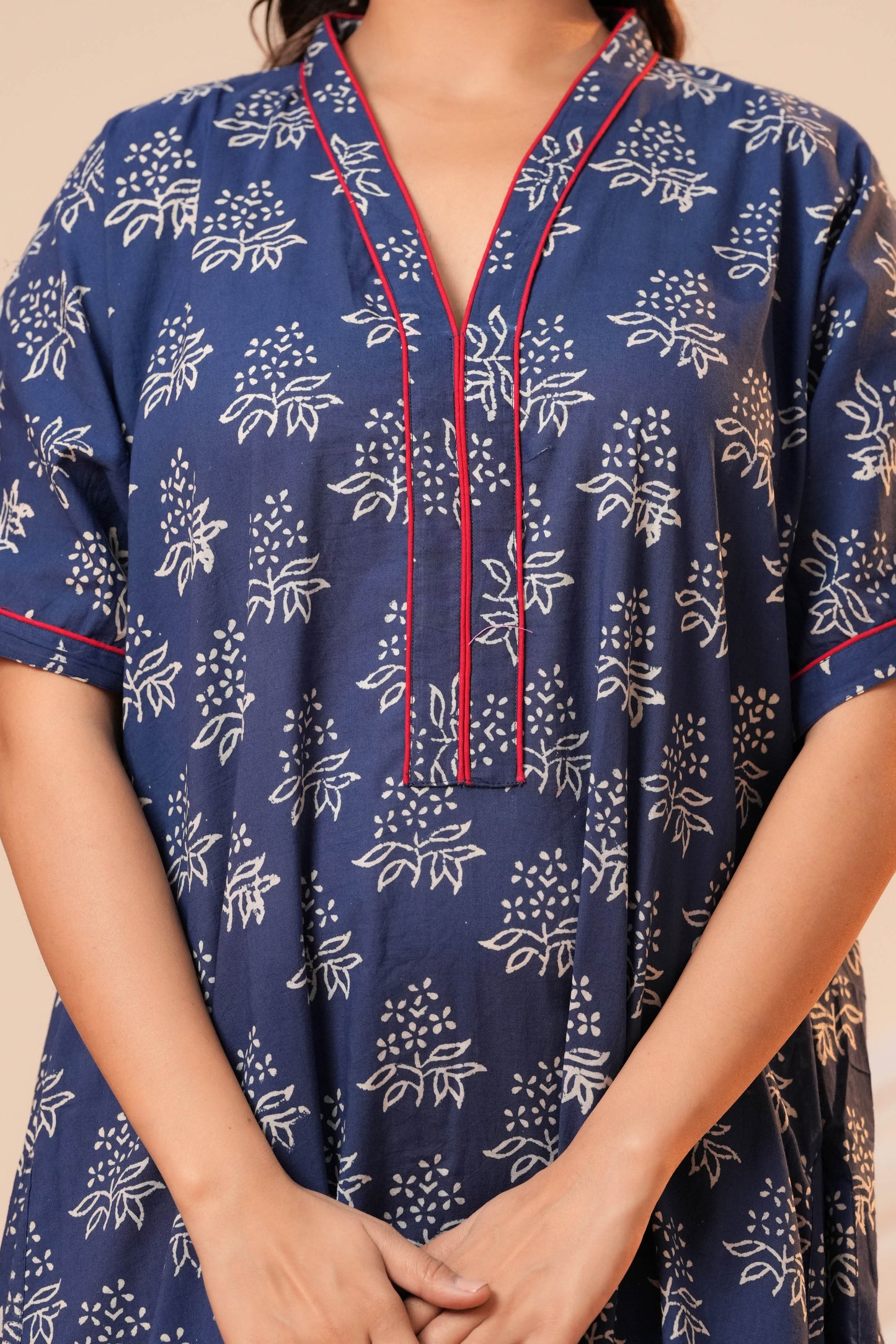 Aavriti Indigo Blue Floral Hand Block Printed Cotton Kaftan