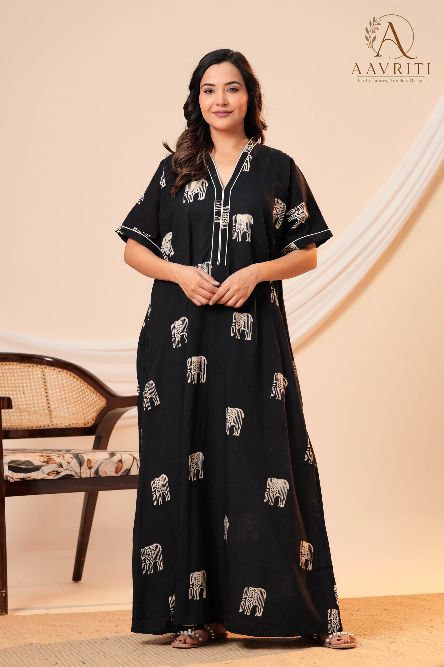 Aavriti Black Elephant Motif Hand Block Printed Cotton Kaftan
