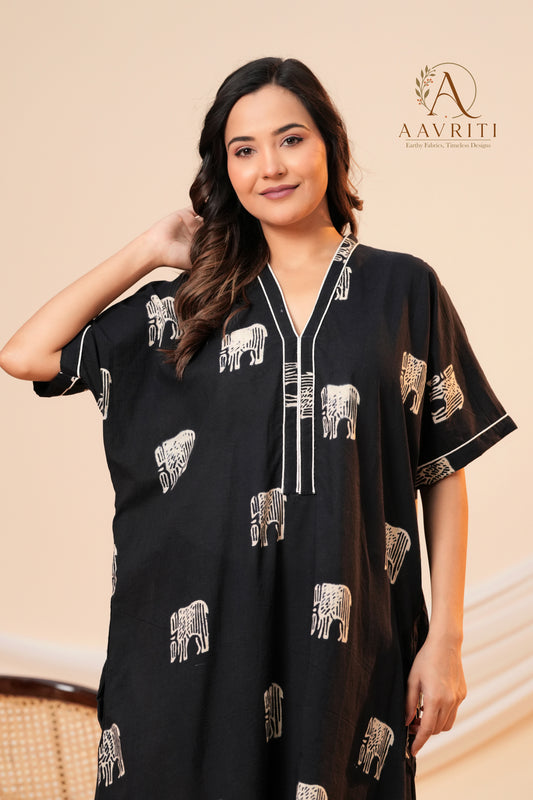 Aavriti Black Elephant Motif Hand Block Printed Cotton Kaftan