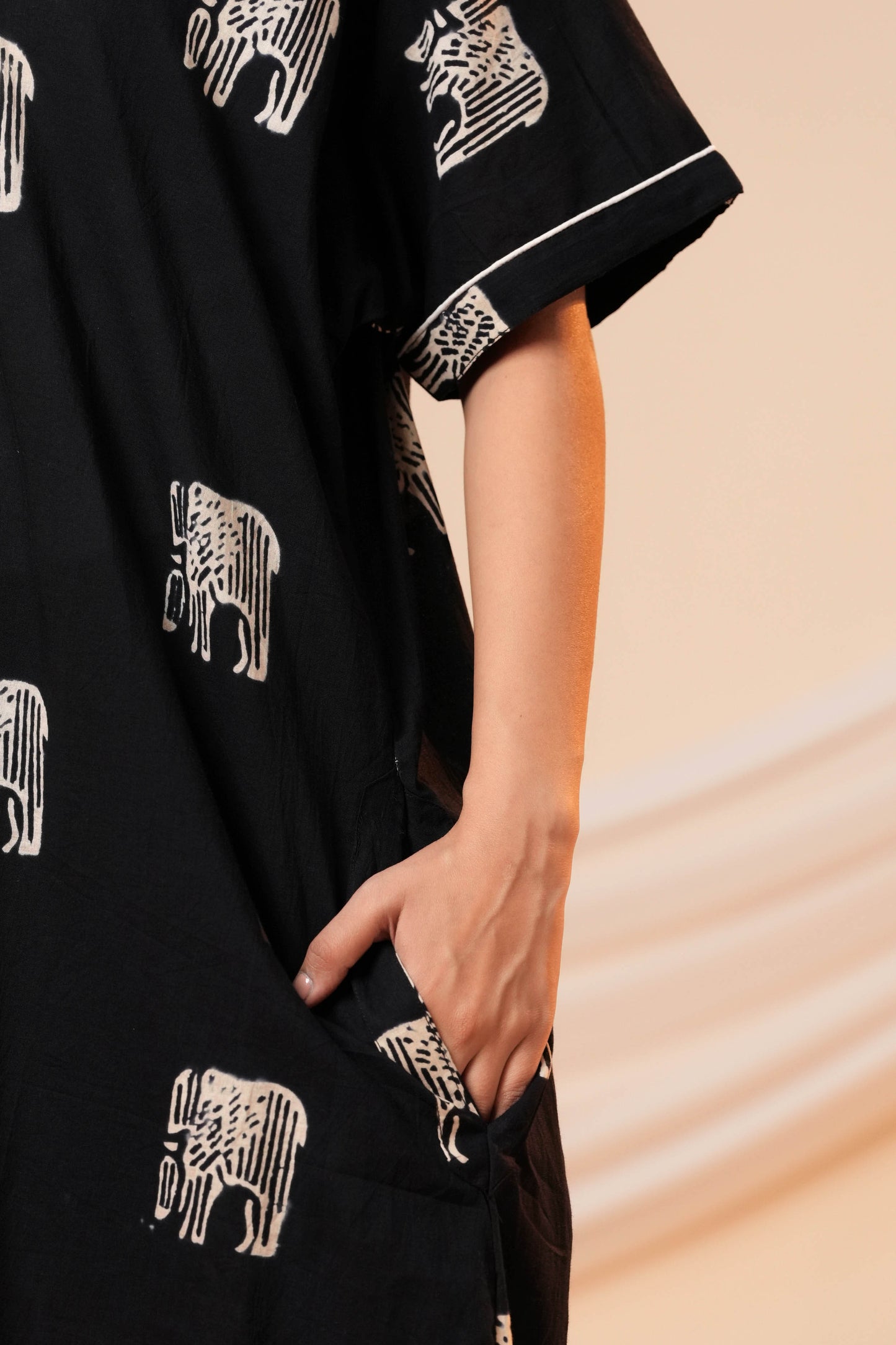 Aavriti Black Elephant Motif Hand Block Printed Cotton Kaftan
