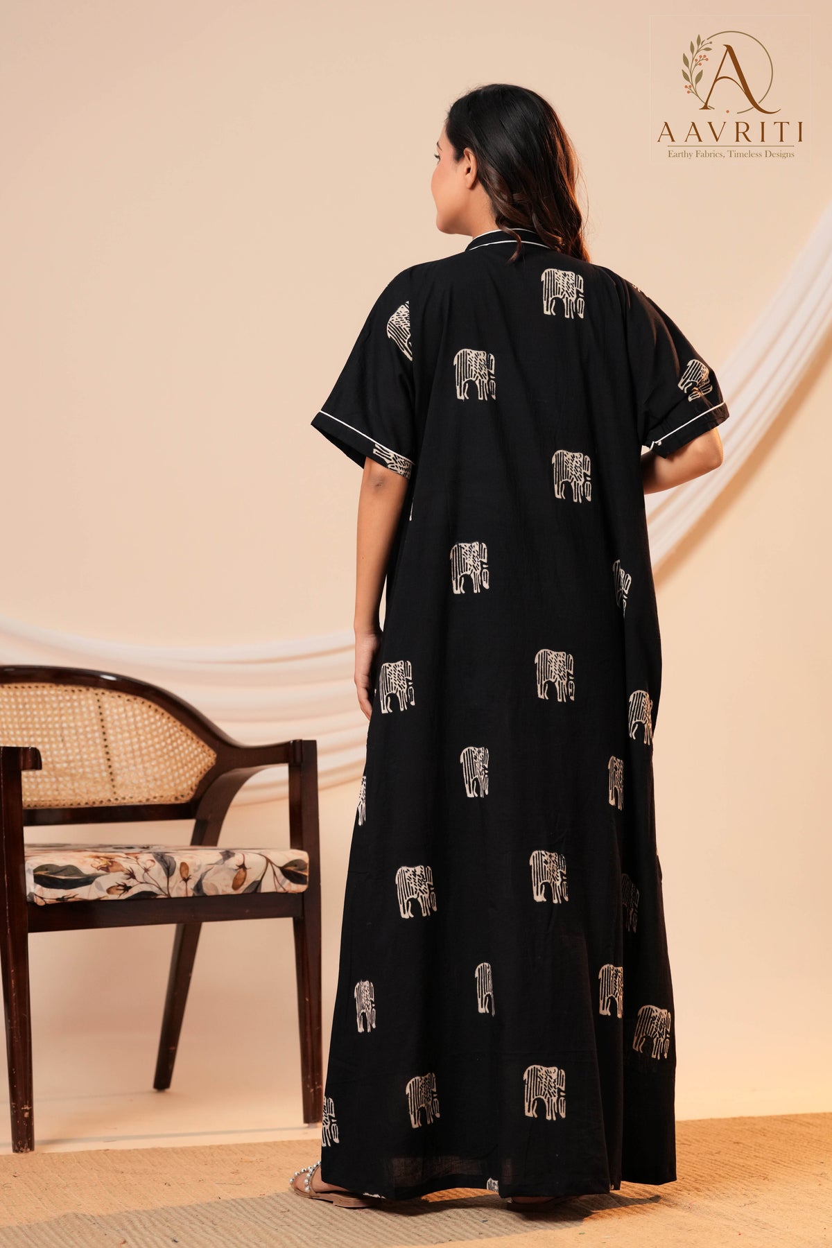 Aavriti Black Elephant Motif Hand Block Printed Cotton Kaftan