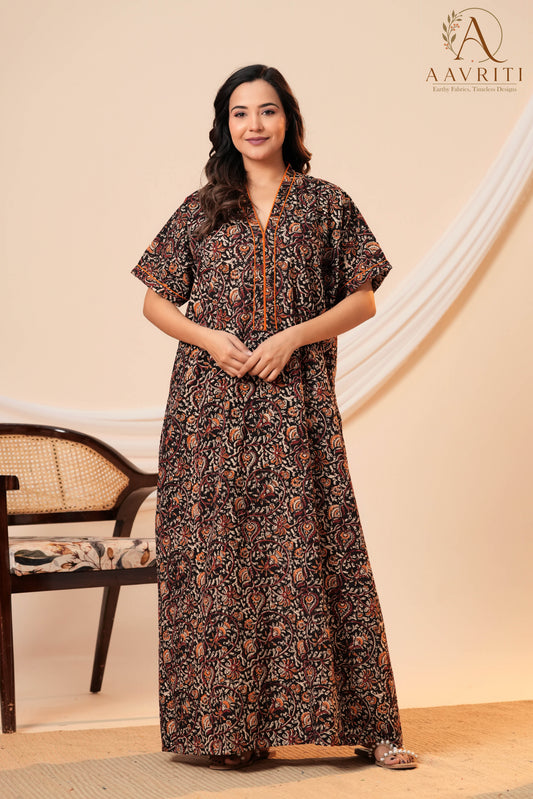 Aavriti Dark Floral Jaal Hand Block Printed Cotton Kaftan