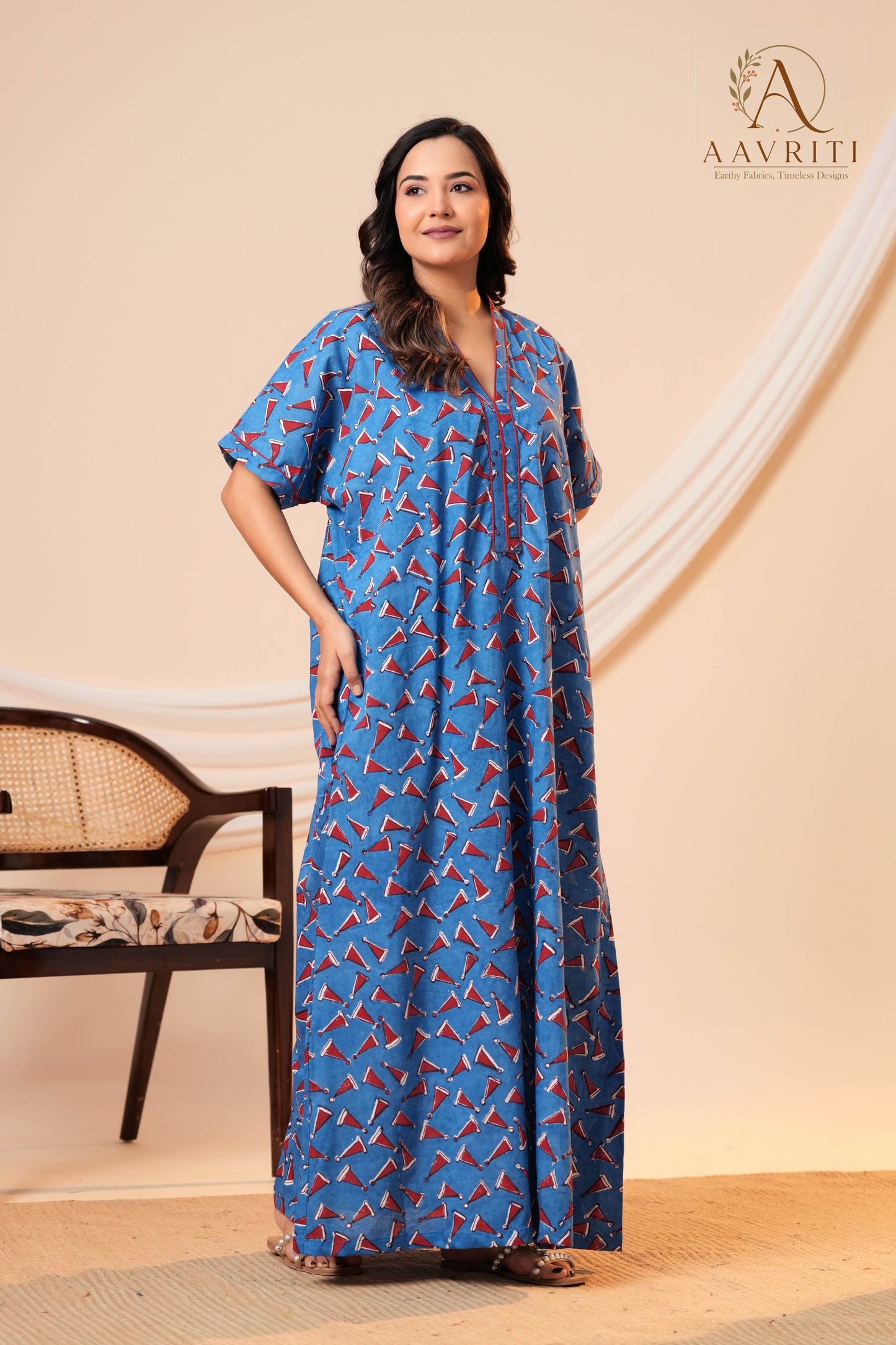 Aavriti Indigo Blue Geometric Cone Motif Hand Block Printed Cotton Kaftan