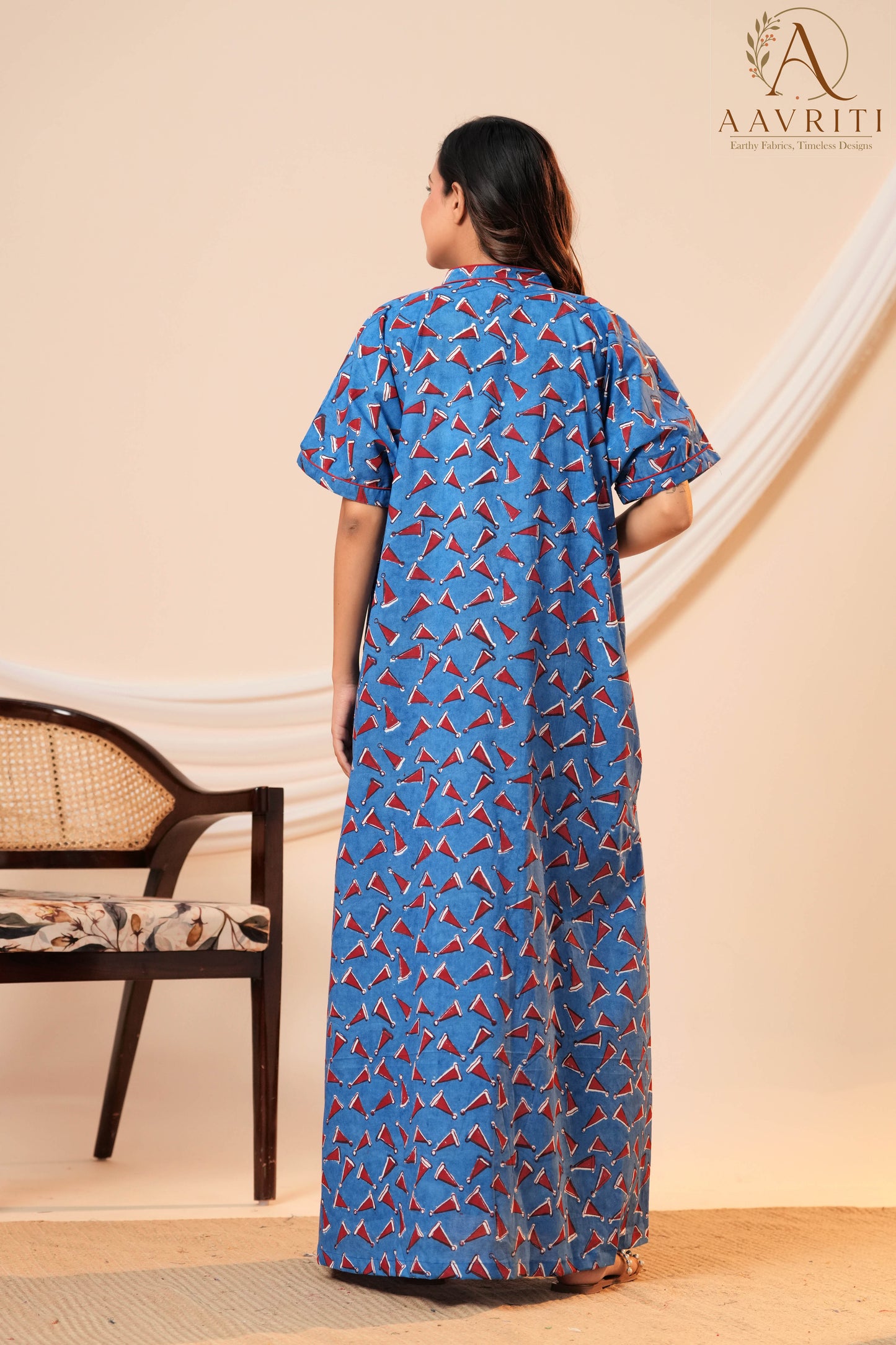 Aavriti Indigo Blue Geometric Cone Motif Hand Block Printed Cotton Kaftan