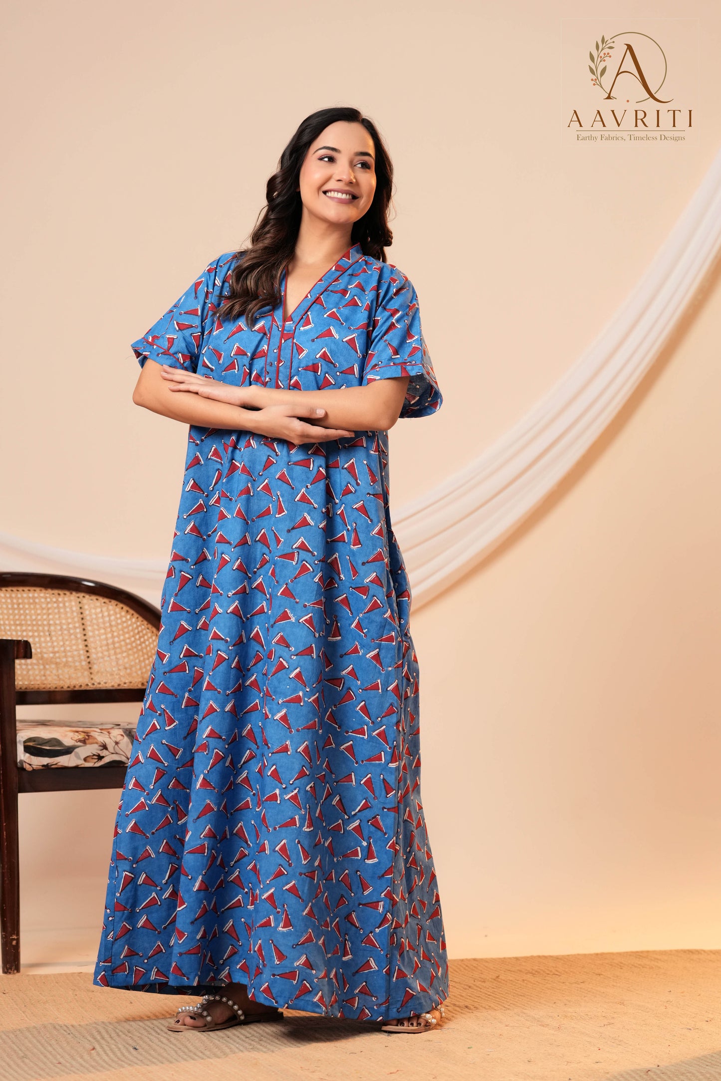 Aavriti Indigo Blue Geometric Cone Motif Hand Block Printed Cotton Kaftan