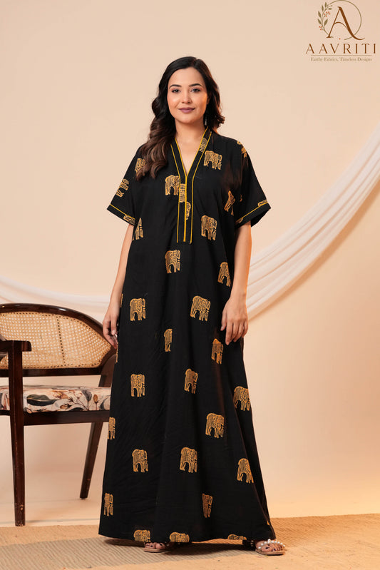 Aavriti Jet Black Elephant Motif Hand Block Printed Cotton Kaftan