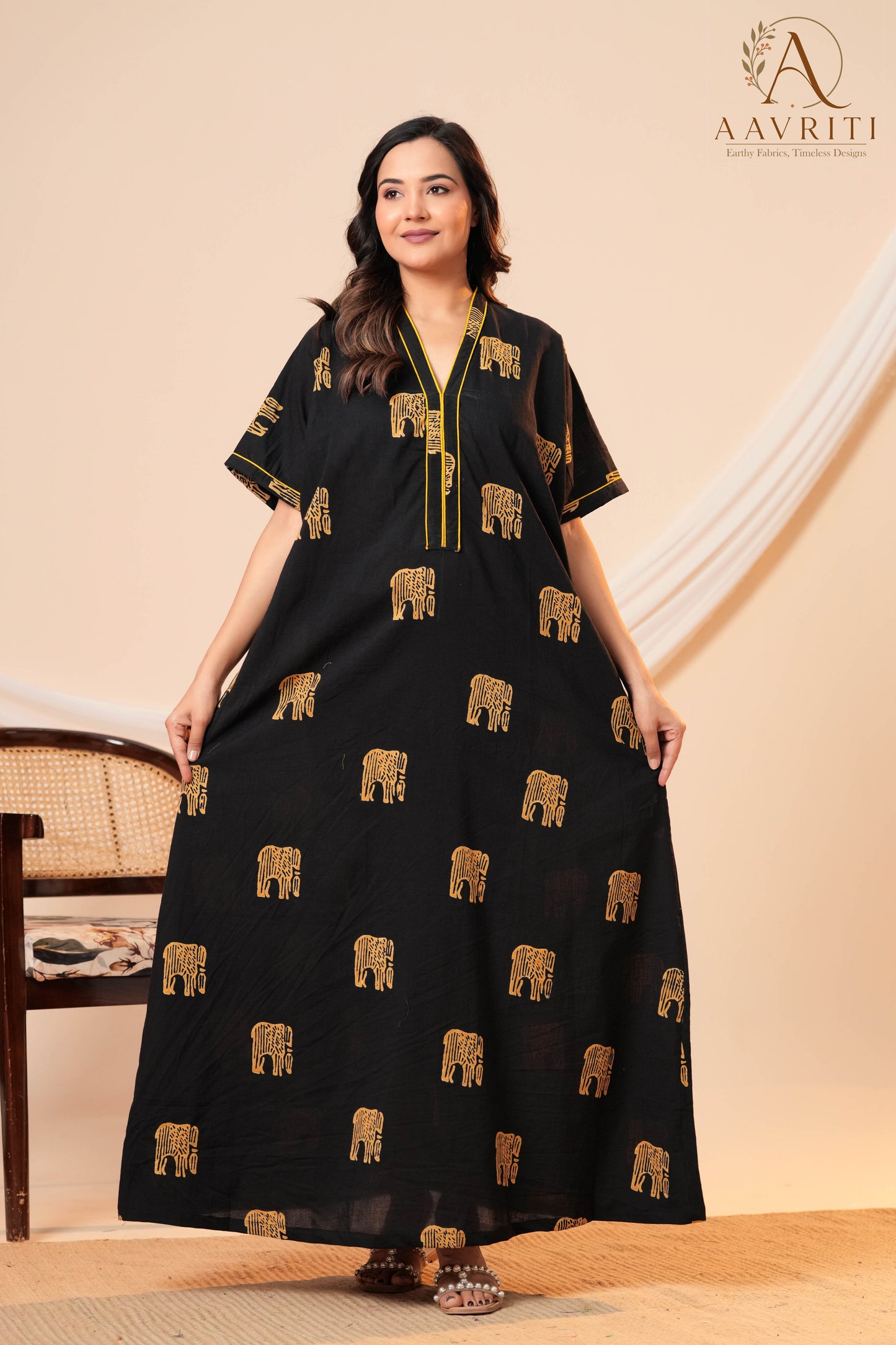 Aavriti Jet Black Elephant Motif Hand Block Printed Cotton Kaftan