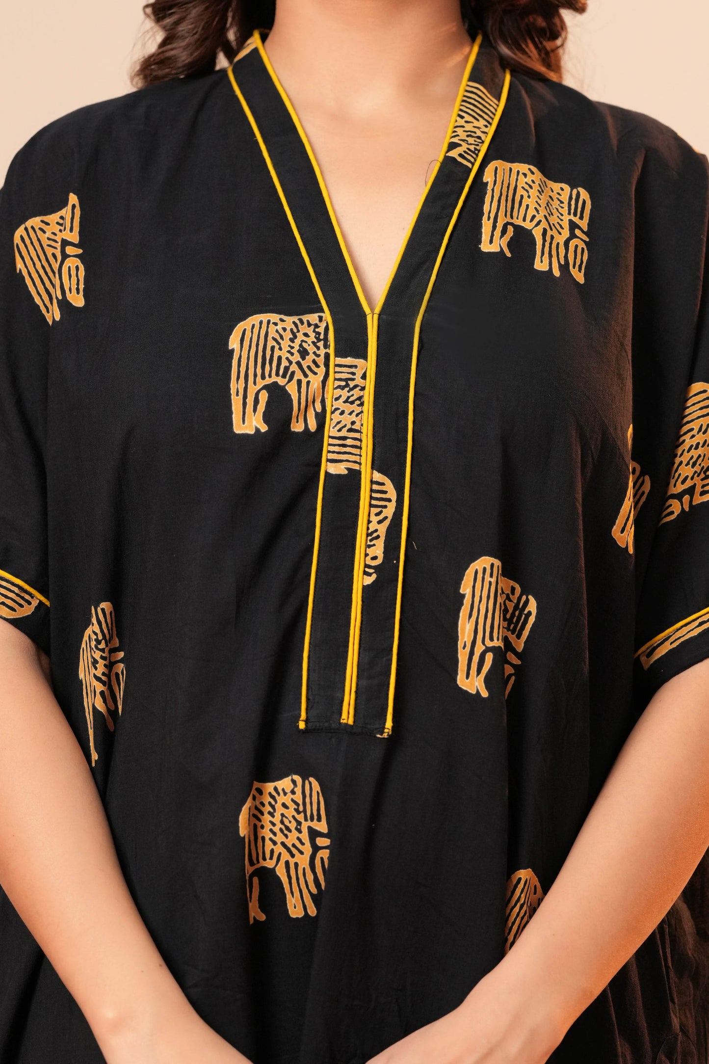 Aavriti Jet Black Elephant Motif Hand Block Printed Cotton Kaftan