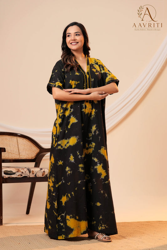 Aavriti Black and Yellow Abstract Tie-Dye Motif Hand Block Printed Cotton Kaftan