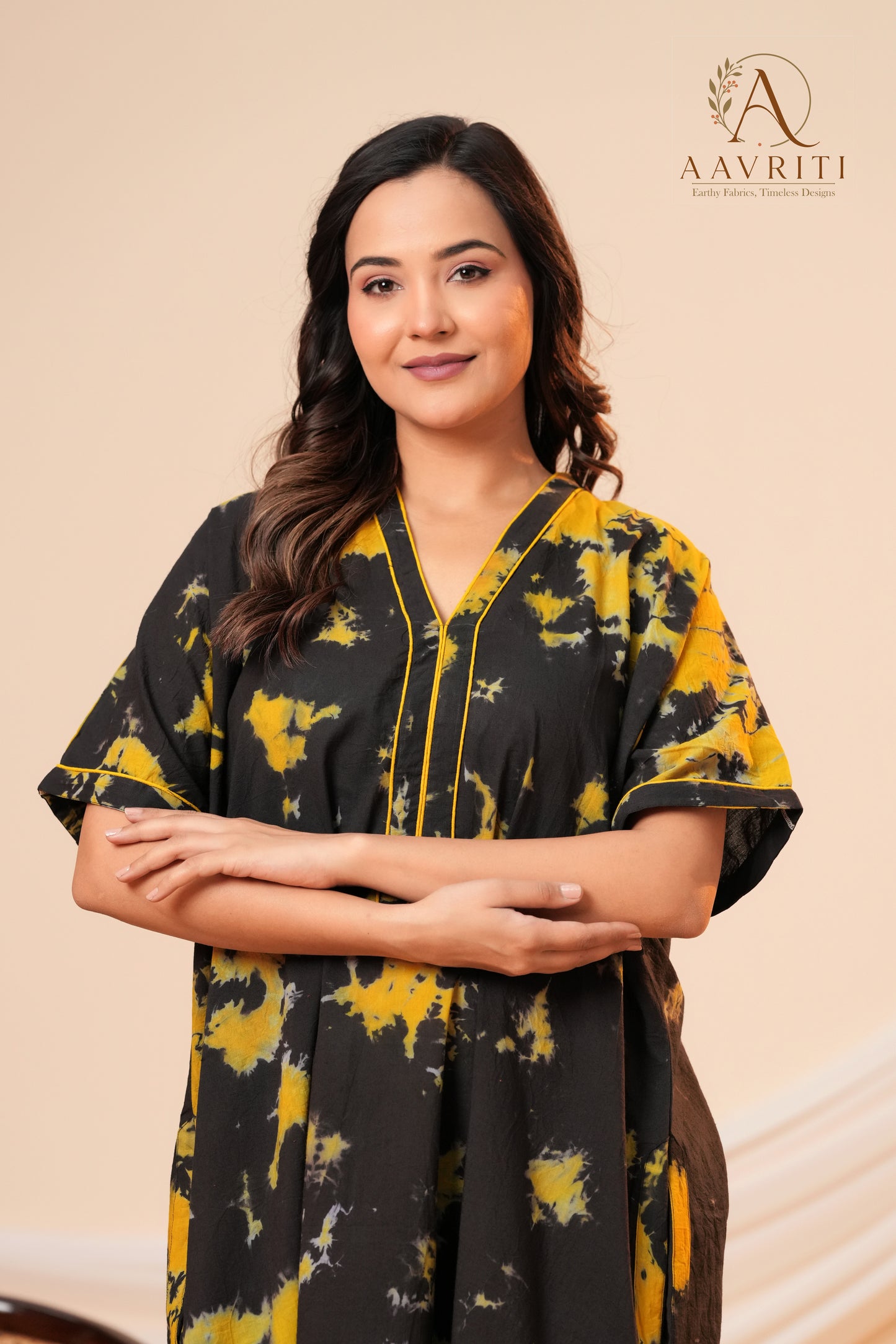 Aavriti Black and Yellow Abstract Tie-Dye Motif Hand Block Printed Cotton Kaftan