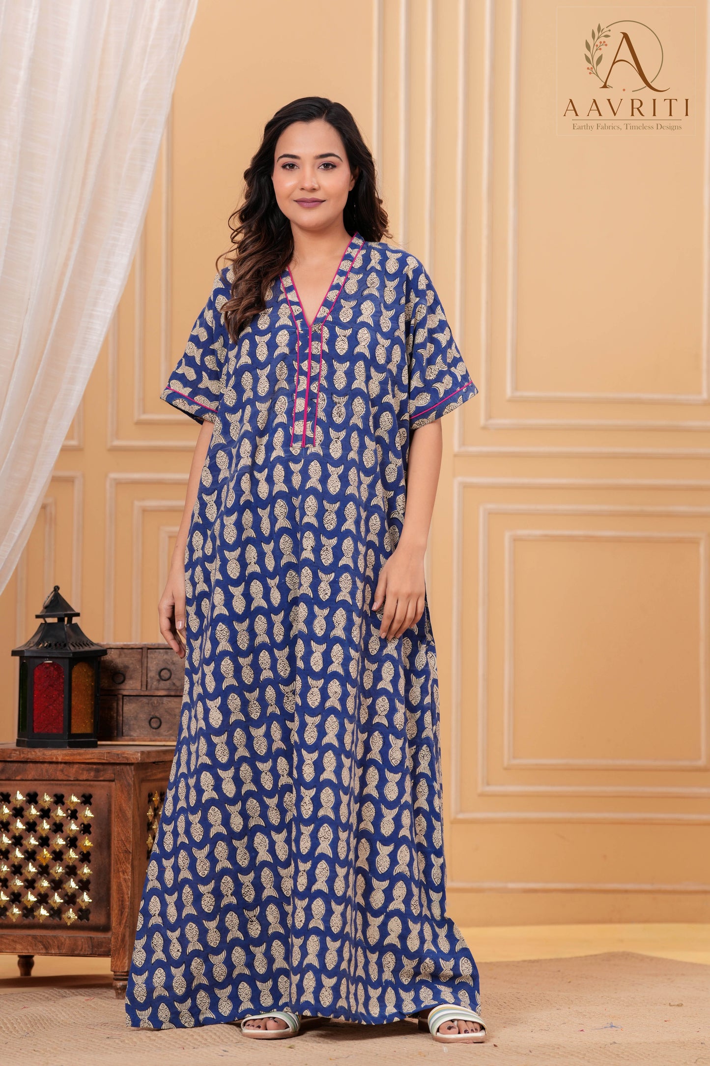 Aavriti Indigo Blue Fish Motif Hand Block Printed Cotton Kaftan