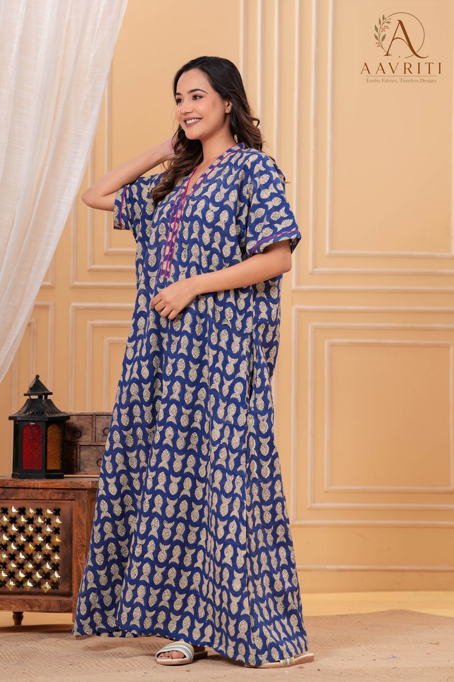 Aavriti Indigo Blue Fish Motif Hand Block Printed Cotton Kaftan