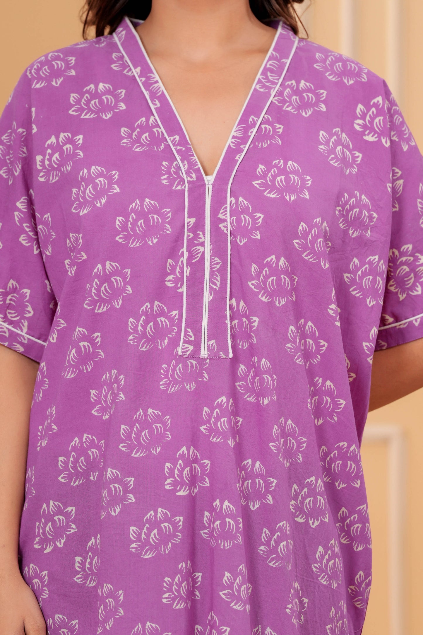 Aavriti Mauve Purple Lotus Motif Hand Block Printed Cotton Kaftan