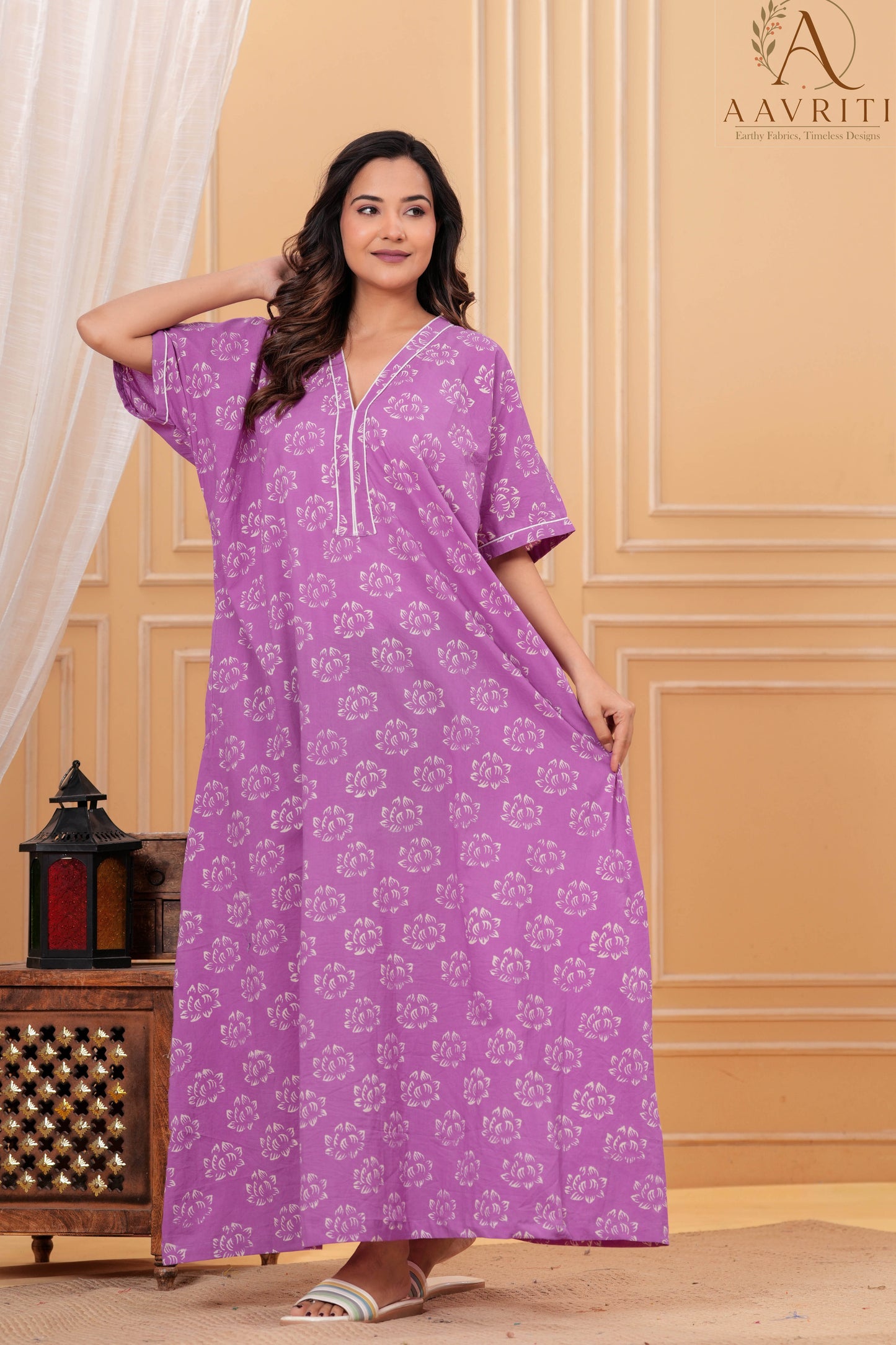 Aavriti Mauve Purple Lotus Motif Hand Block Printed Cotton Kaftan