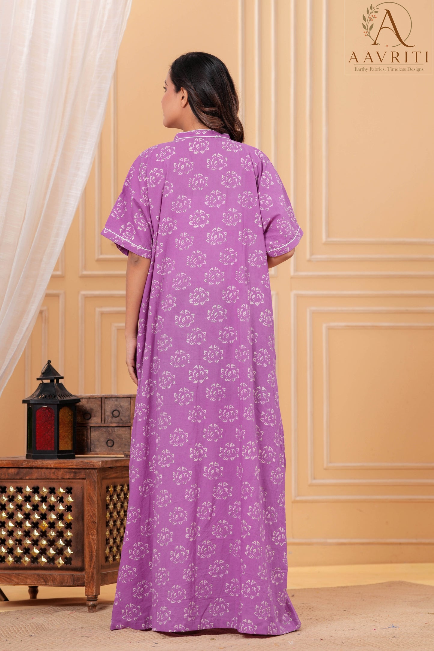 Aavriti Mauve Purple Lotus Motif Hand Block Printed Cotton Kaftan