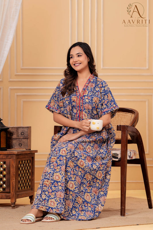 Aavriti Indigo Blue Floral Jaal Hand Block Printed Cotton Kaftan