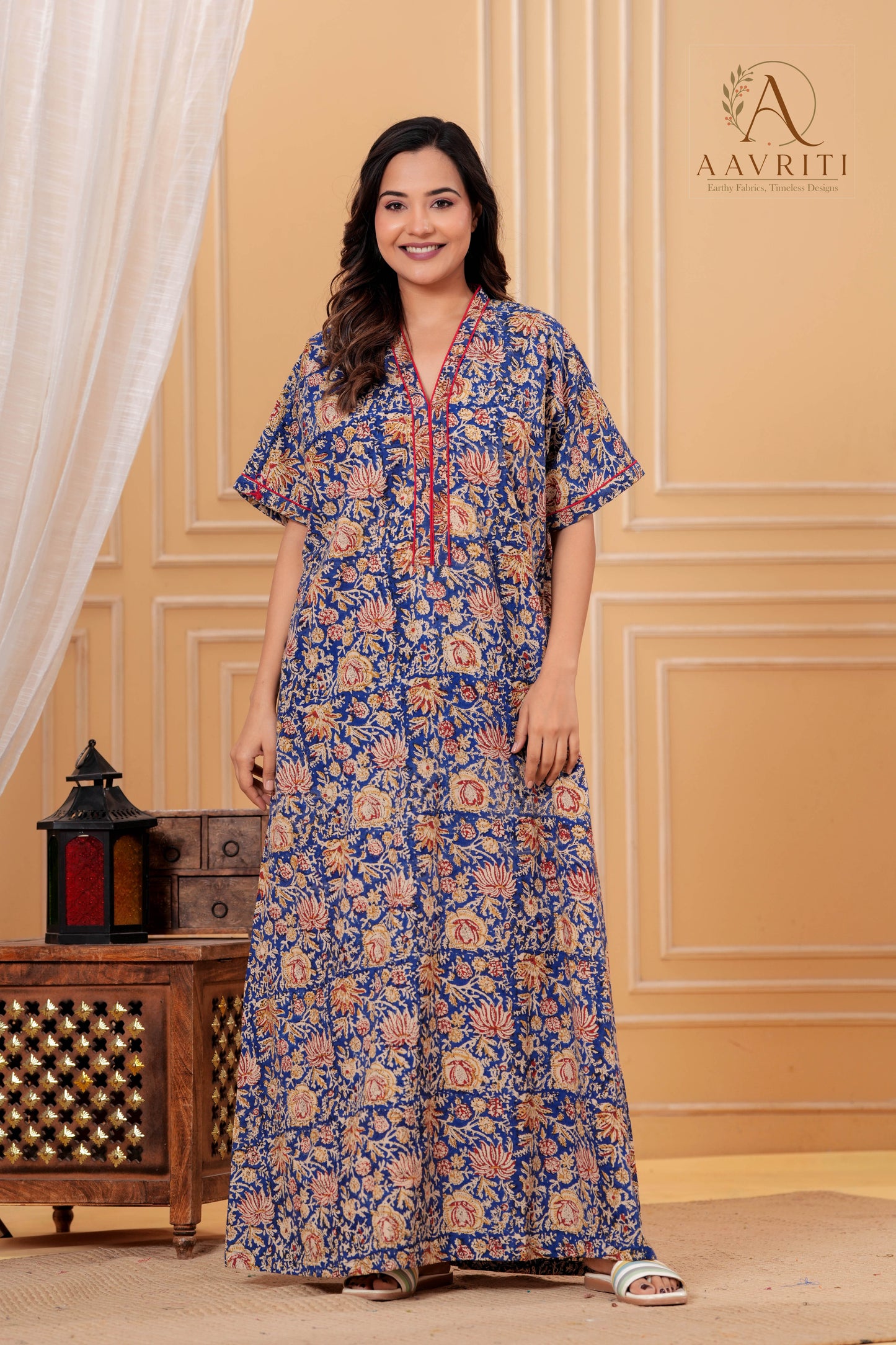 Aavriti Indigo Blue Floral Jaal Hand Block Printed Cotton Kaftan