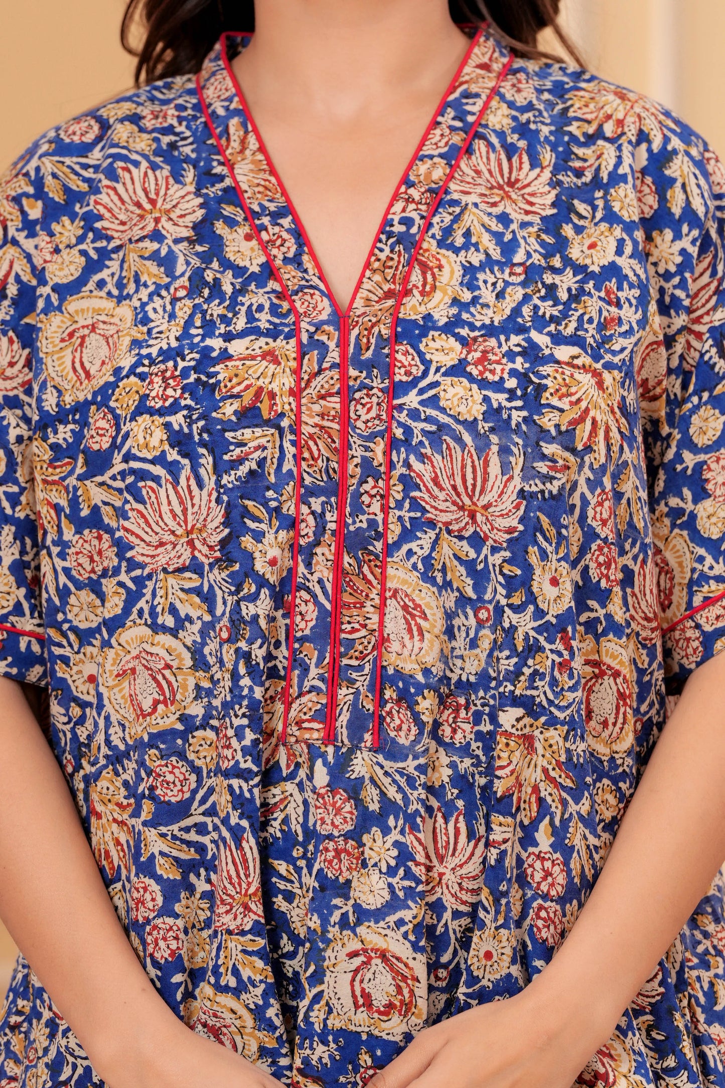 Aavriti Indigo Blue Floral Jaal Hand Block Printed Cotton Kaftan