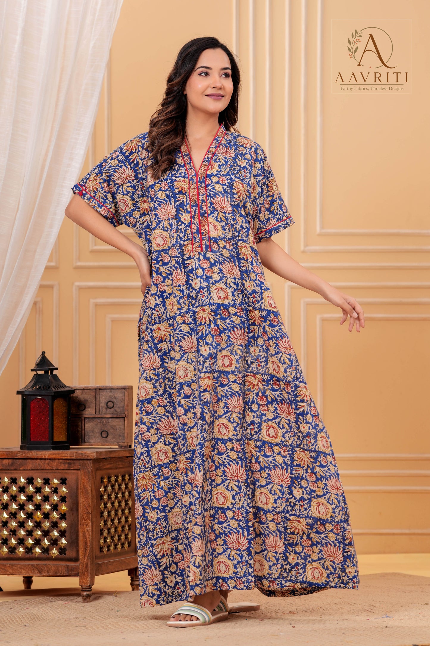 Aavriti Indigo Blue Floral Jaal Hand Block Printed Cotton Kaftan