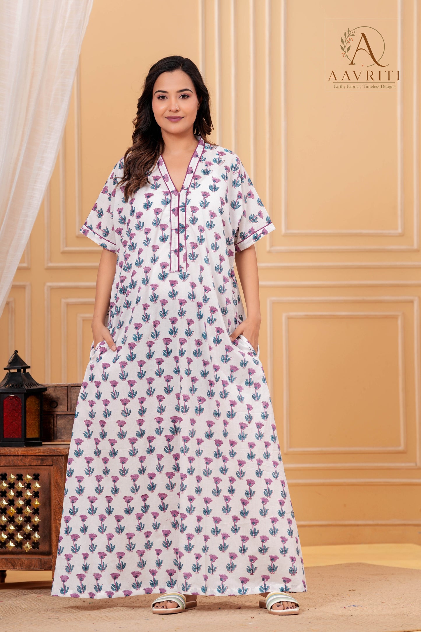 Aavriti Off-White Classic Floral Hand Block Printed Cotton Kaftan