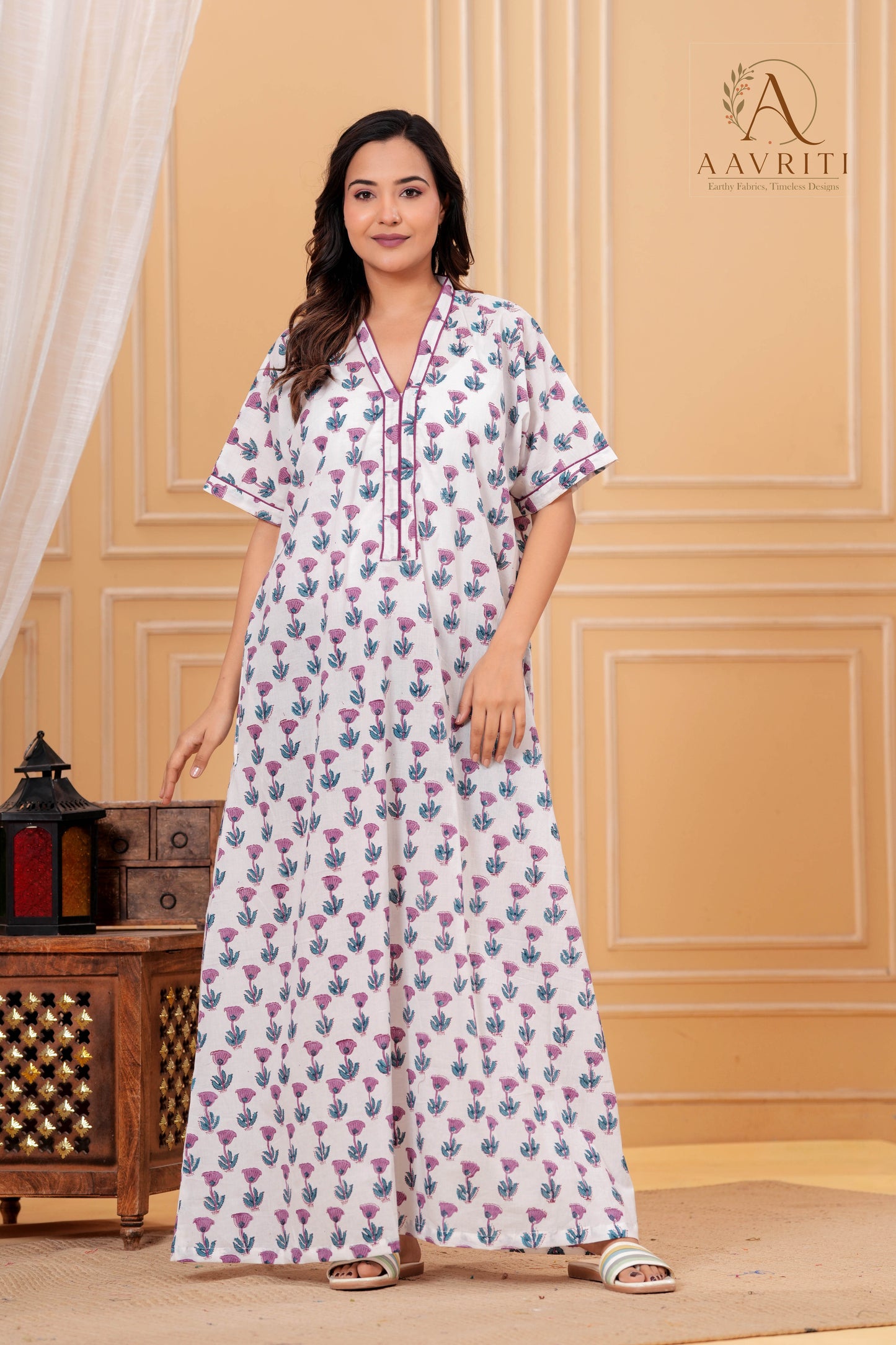 Aavriti Off-White Classic Floral Hand Block Printed Cotton Kaftan