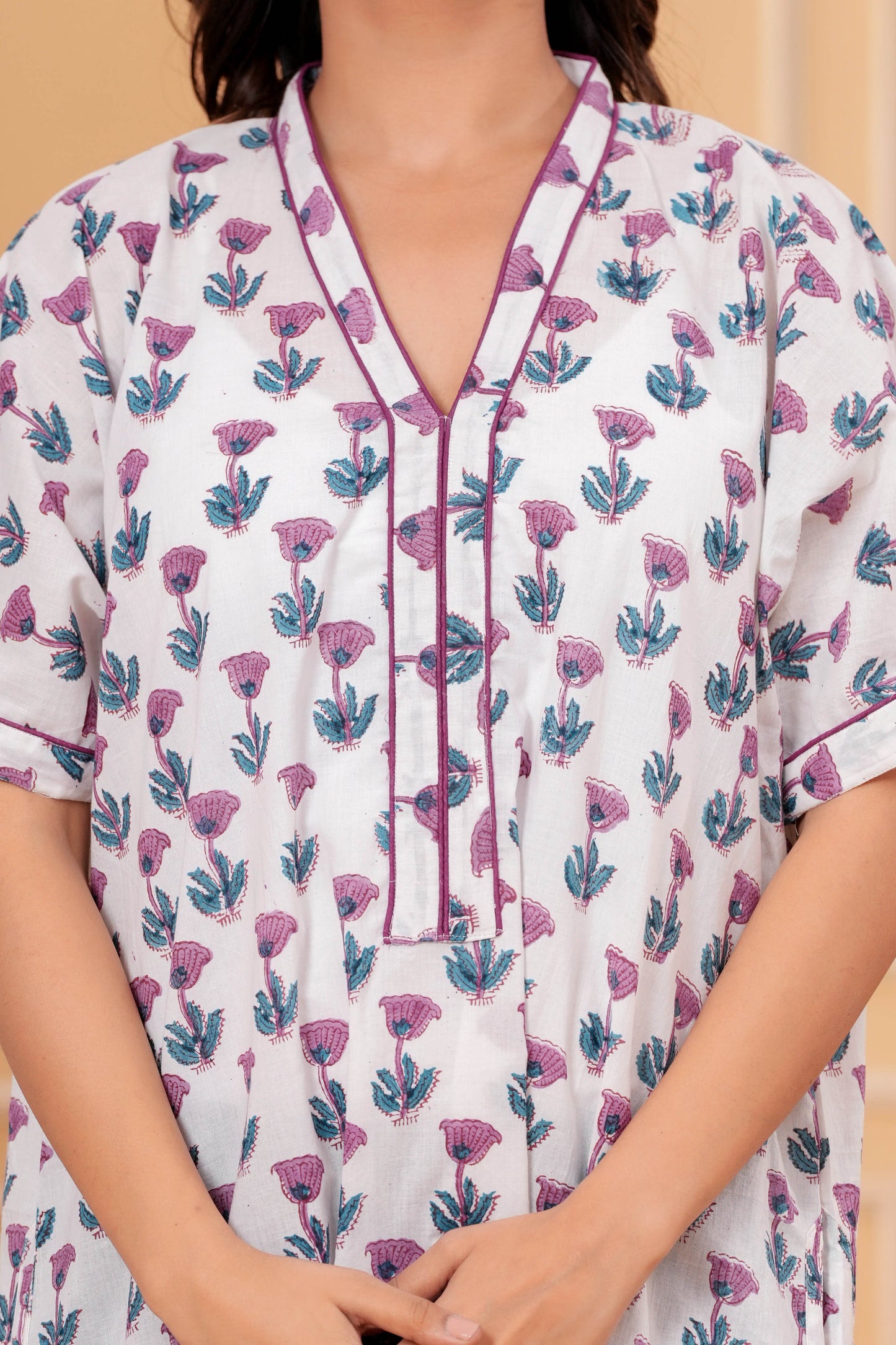 Aavriti Off-White Classic Floral Hand Block Printed Cotton Kaftan