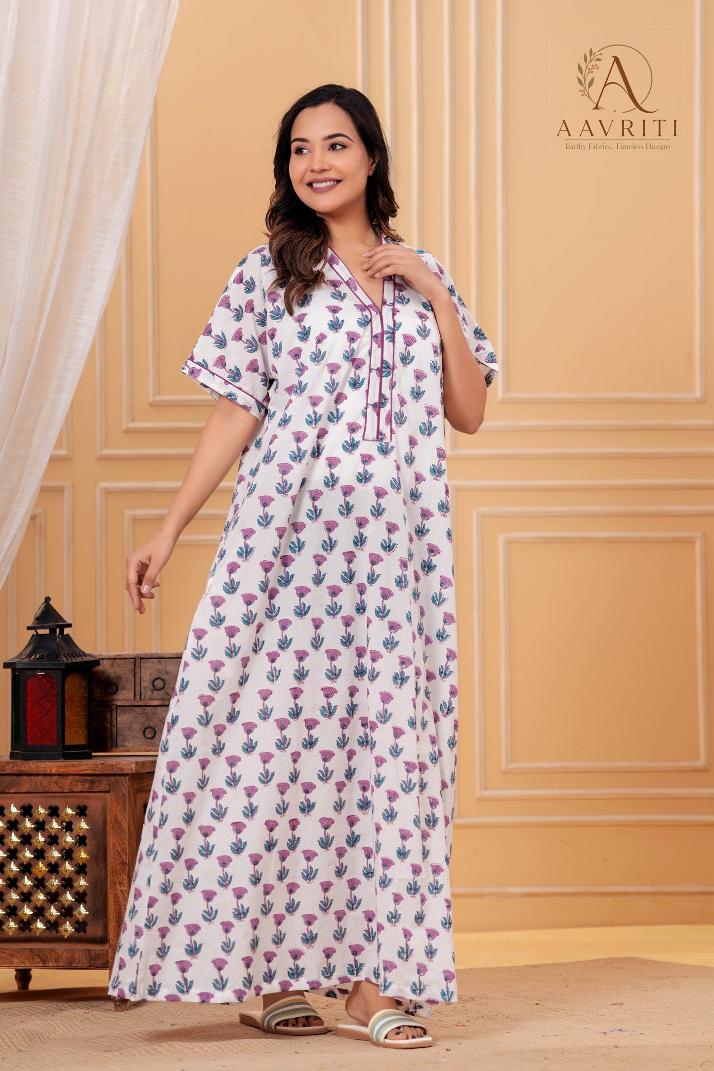 Aavriti Off-White Classic Floral Hand Block Printed Cotton Kaftan